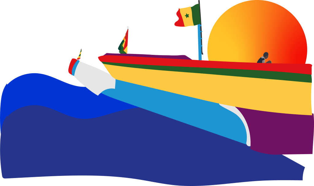 vue d'un bateau de pêche à M'Bour, Sénégal, d'après une photo de Clément et Théo, projet Nio far, illustration originale, Illustrator