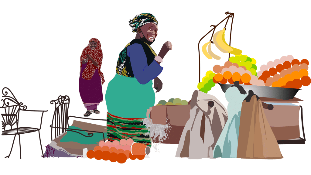 sur le marché à M'Bour, Sénégal, illustration originale d'après une photo de clément et théo, projet Nio Far, pour les 4 web documentaires, illustrator